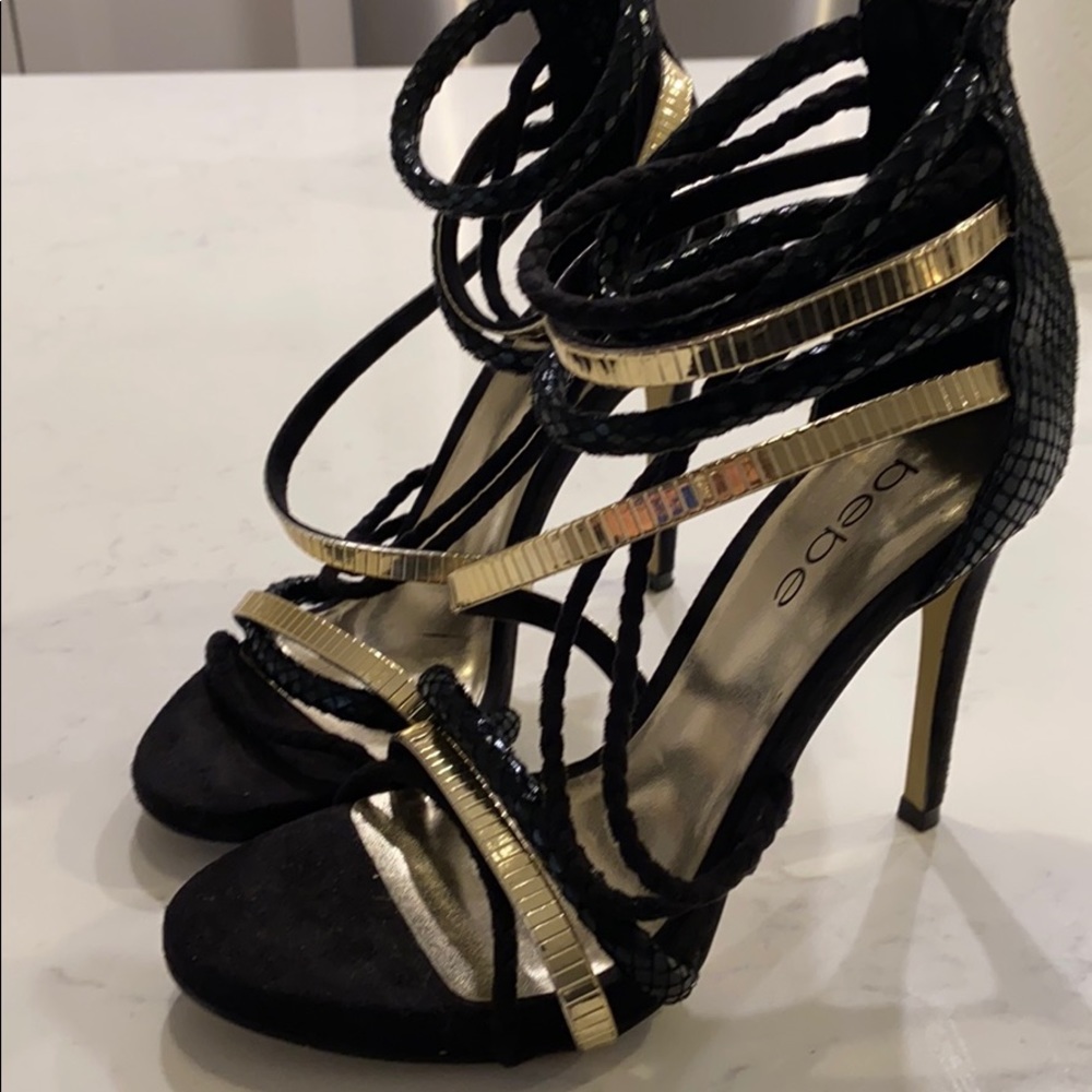 Bebe black and gold strappy heels